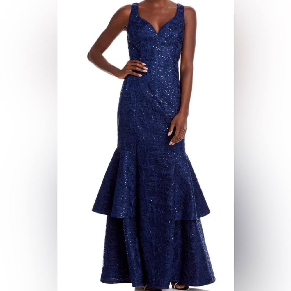 Aidan Mattox Formal Dress Size 8 Navy Blue Allover Sequins Ruffled AUTHENTIC